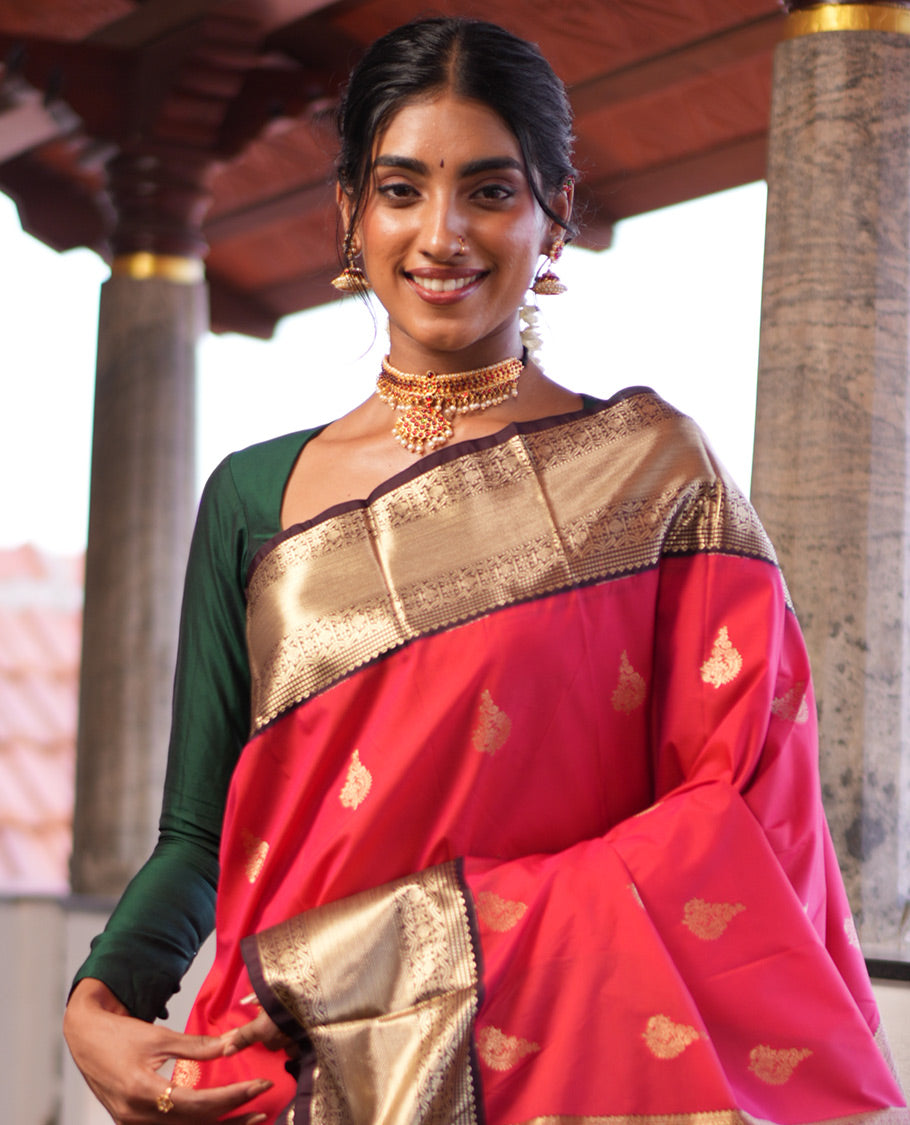 Brick-Coffee Brown Zari Buttas Budget Silk Saree, Contrast Traditional Zari Border, Grand Pallu, a Contrast Blouse