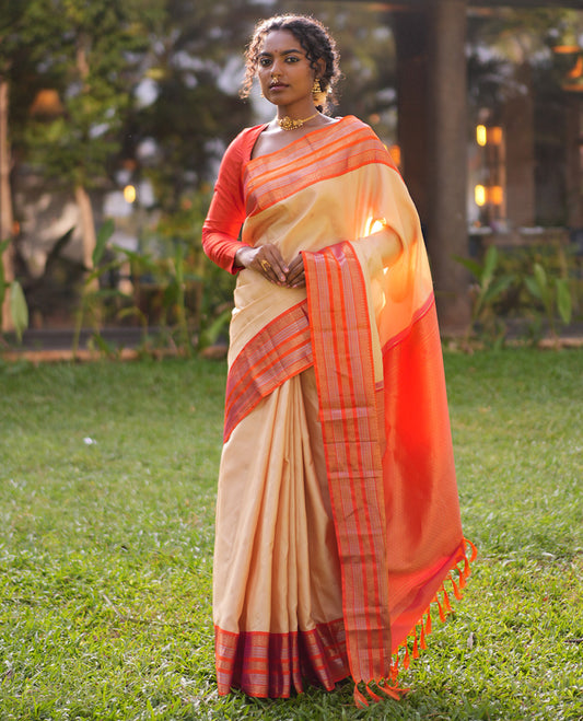 Sandal Manga-Chakra Buttas Vasundhara Silk Saree, Contrast Traditional Border, and Contrast Blouse