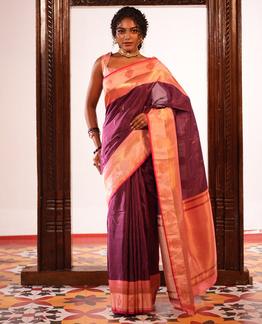 Wine Raindrop Butta Semi-Mysore Silk Saree