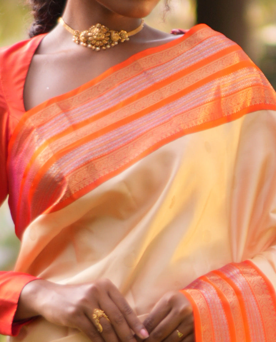 Sandal Manga-Chakra Buttas Vasundhara Silk Saree, Contrast Traditional Border, and Contrast Blouse