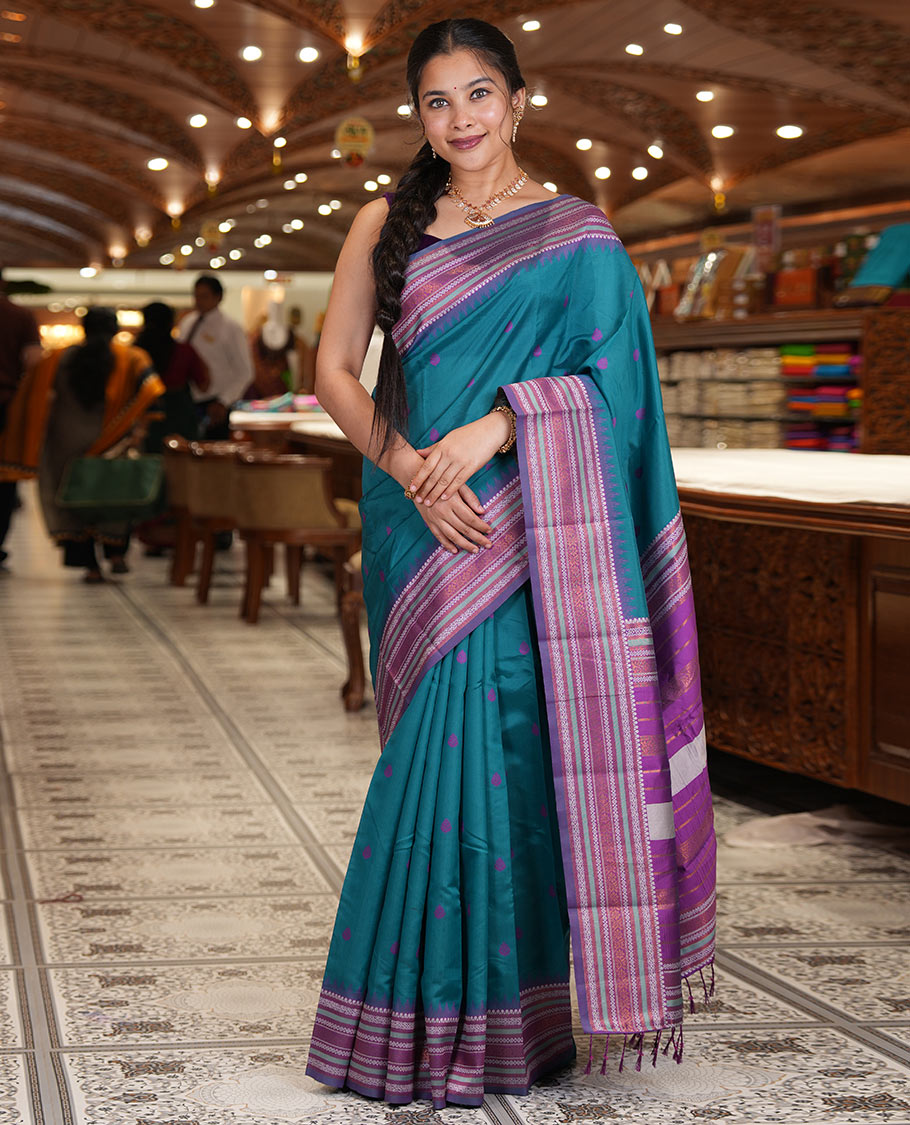 Rama Blue Litchi Chettinad Saree, Subtly Woven with Thread Leaf Buttas, Contrast Traditional Border, and a Contrast Blouse