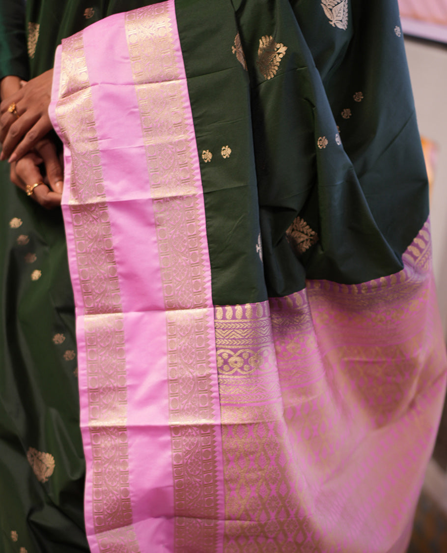Bottle Green-Light Pink Zari Buttas Budget Silk Saree, Contrast Rettai Pettu Border, Grand Pallu, a Contrast Blouse
