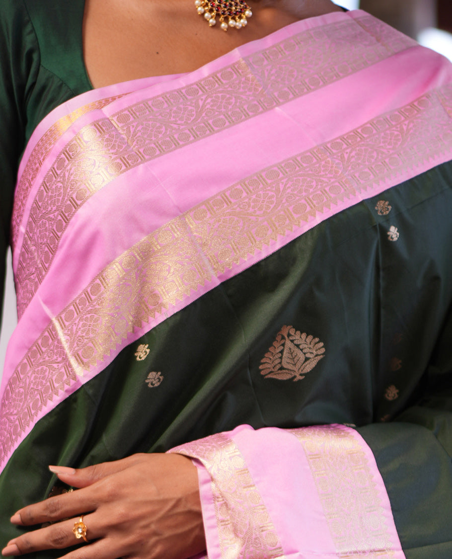 Bottle Green-Light Pink Zari Buttas Budget Silk Saree, Contrast Rettai Pettu Border, Grand Pallu, a Contrast Blouse