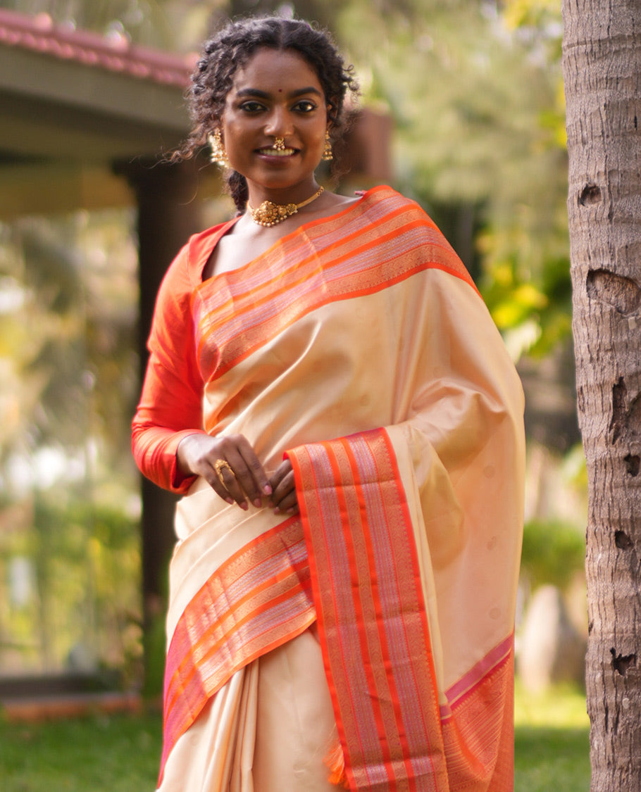 Sandal Manga-Chakra Buttas Vasundhara Silk Saree, Contrast Traditional Border, and Contrast Blouse