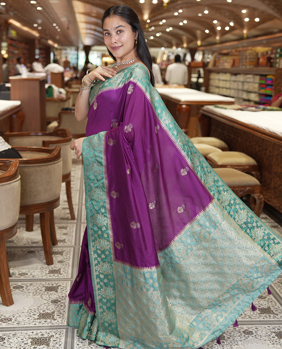 Purple Fancy Raw Silk Saree, Enriched with Floral Zari Buttas, a Contrast Floral Temple Border, Intricate Pallu, and a Contrast Blouse