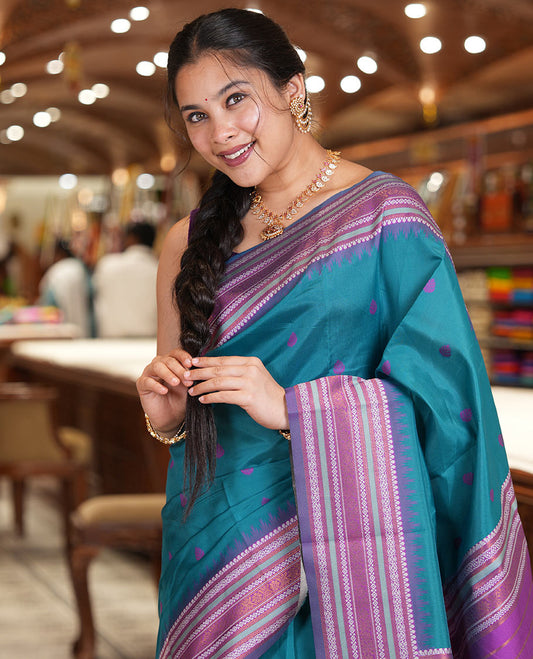 Rama Blue Litchi Chettinad Saree, Subtly Woven with Thread Leaf Buttas, Contrast Traditional Border, and a Contrast Blouse