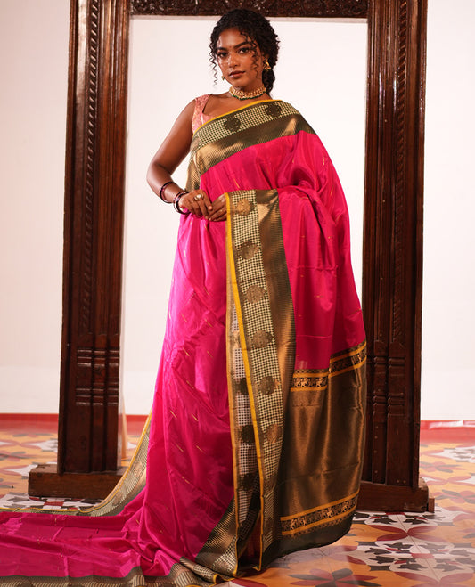 Rani Pink Raindrop-Buttas Semi-Mysore Silk Saree