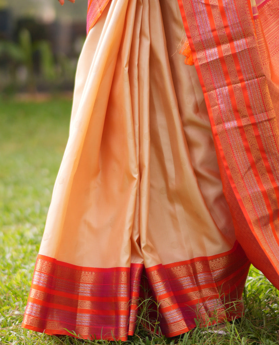 Sandal Manga-Chakra Buttas Vasundhara Silk Saree, Contrast Traditional Border, and Contrast Blouse