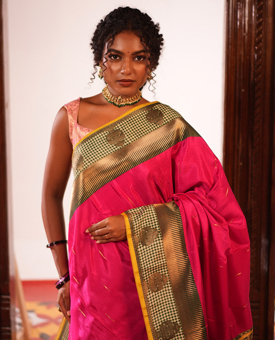 Rani Pink Raindrop-Buttas Semi-Mysore Silk Saree