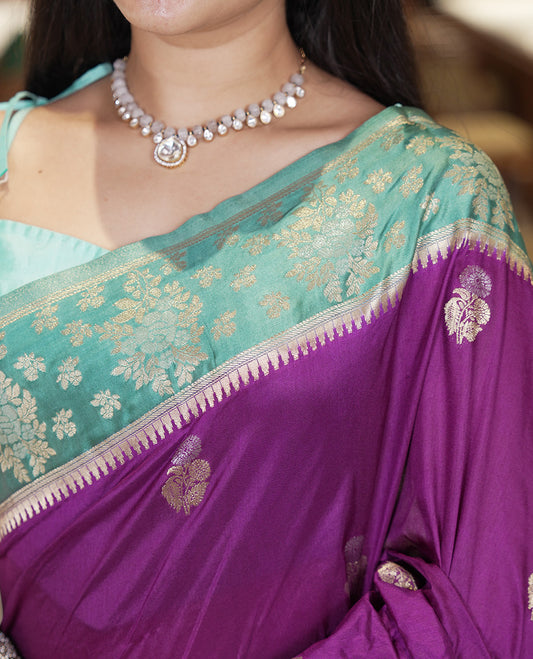 Purple Fancy Raw Silk Saree, Enriched with Floral Zari Buttas, a Contrast Floral Temple Border, Intricate Pallu, and a Contrast Blouse