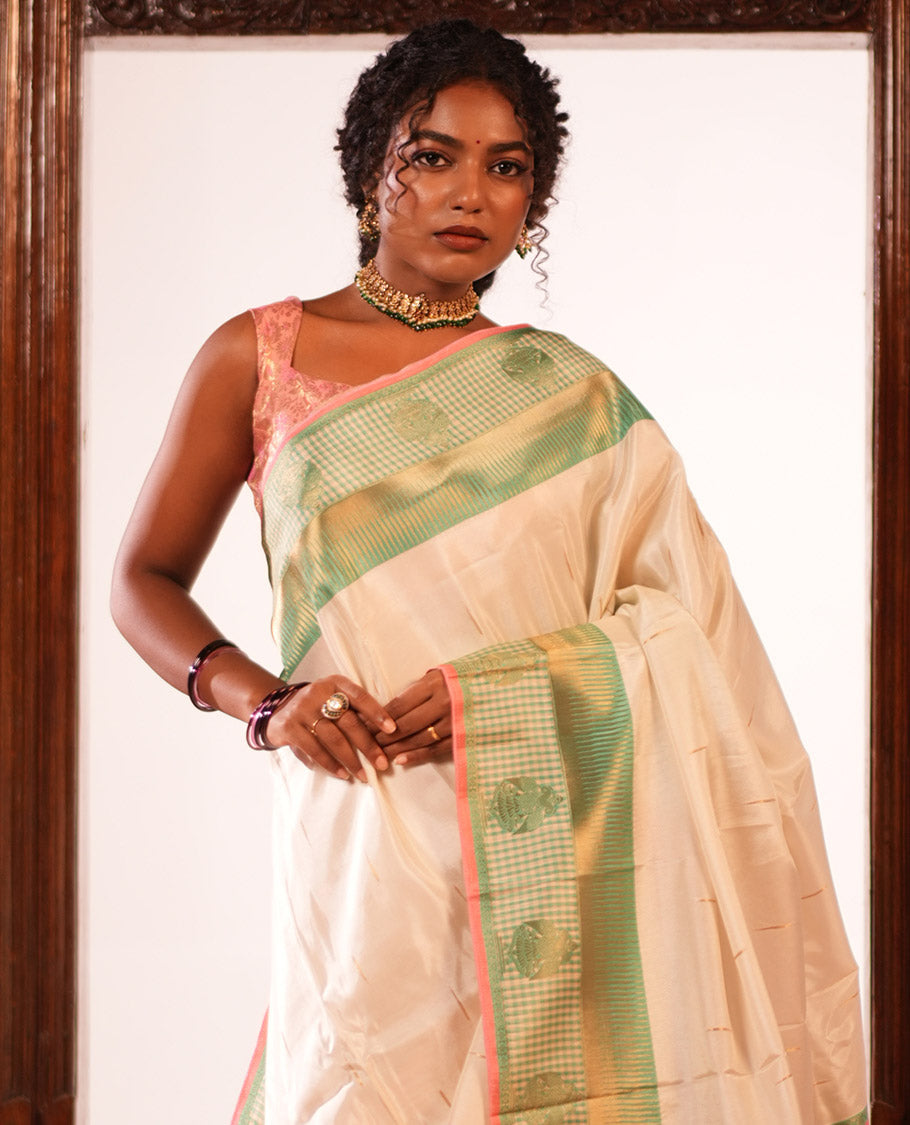 Off-White Raindrop Butta Semi-Mysore Silk Saree