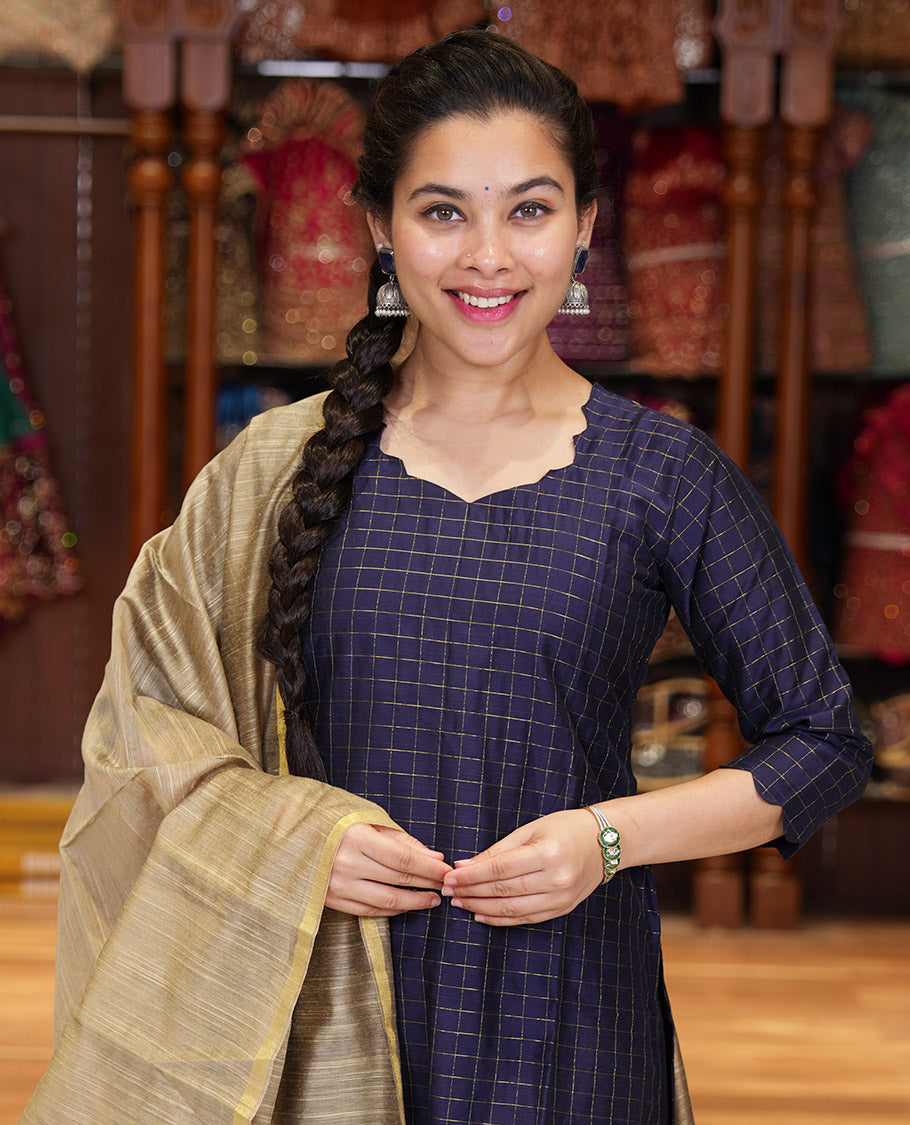 Blue Material Chudidar Set, Subtly Sparkled with Zari Checks All Over Its Semi-Silk Top, Comes with a Subtle Plain Bottom, and a Contrast Semi-Silk Dupatta of Zari Border and Tassels