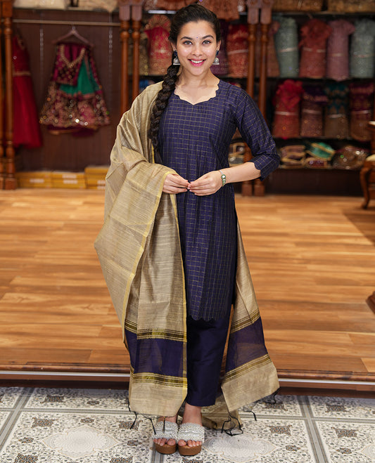 Blue Material Chudidar Set, Subtly Sparkled with Zari Checks All Over Its Semi-Silk Top, Comes with a Subtle Plain Bottom, and a Contrast Semi-Silk Dupatta of Zari Border and Tassels