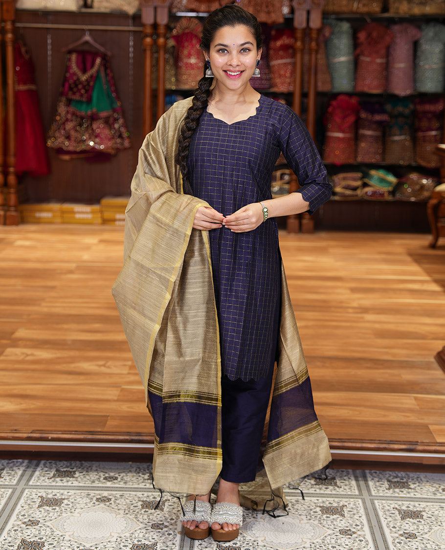 Blue Material Chudidar Set, Subtly Sparkled with Zari Checks All Over Its Semi-Silk Top, Comes with a Subtle Plain Bottom, and a Contrast Semi-Silk Dupatta of Zari Border and Tassels