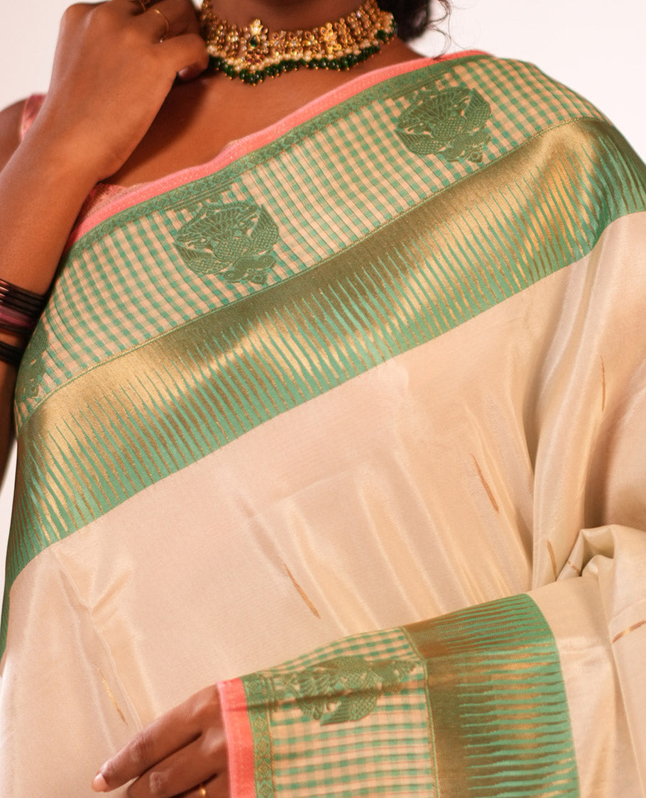 Off-White Raindrop Butta Semi-Mysore Silk Saree