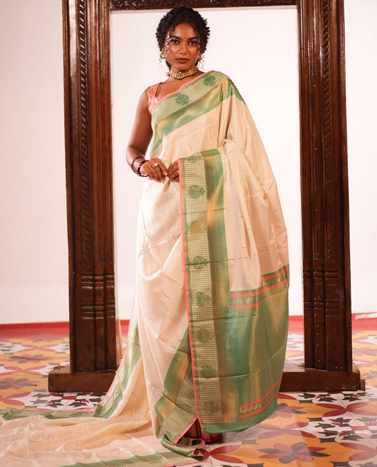 Off-White Raindrop Butta Semi-Mysore Silk Saree