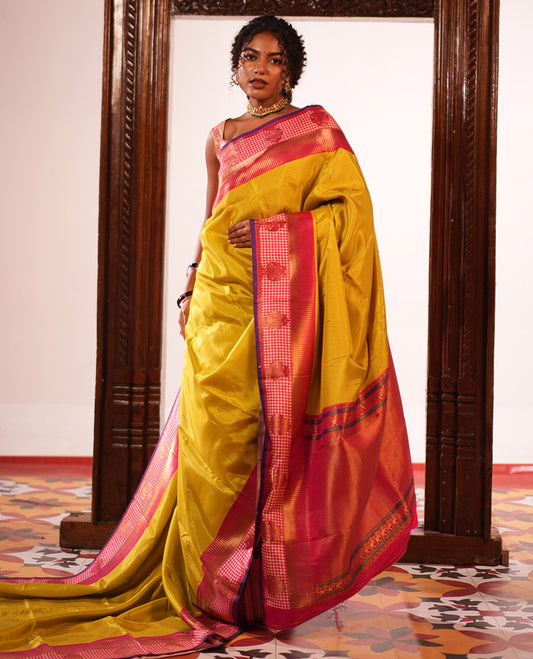 Parrot Green Raindrop Butta Semi-Mysore Silk Saree
