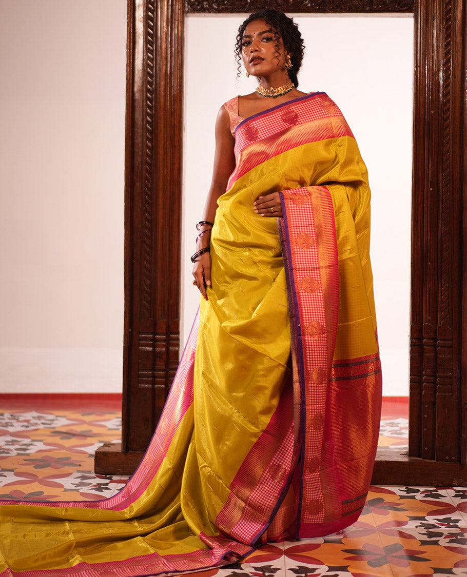 Parrot Green Raindrop Butta Semi-Mysore Silk Saree