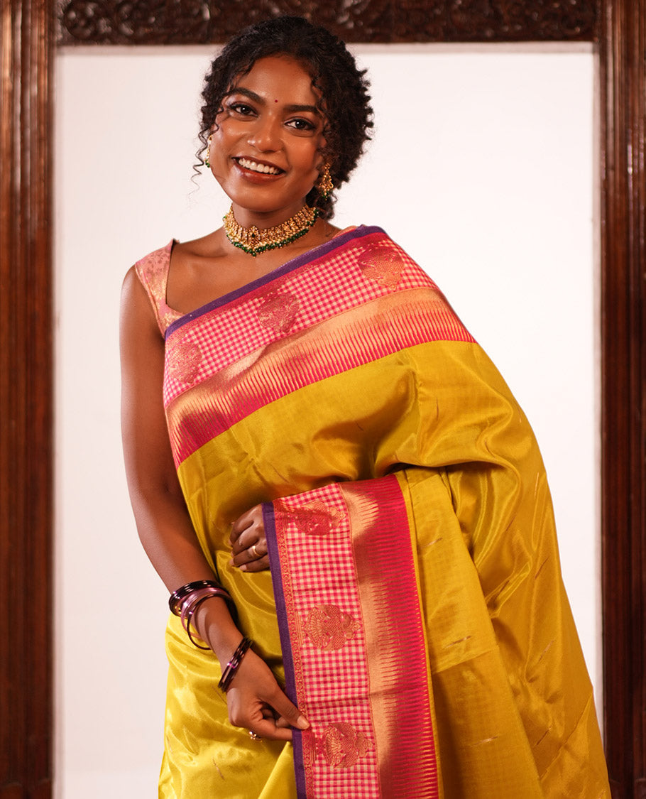 Parrot Green Raindrop Butta Semi-Mysore Silk Saree