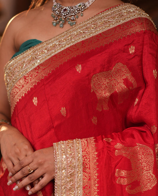 Red Elephant Buttas Russian Dola Silksaree, Embroidery Patch Border, Matching Blouse