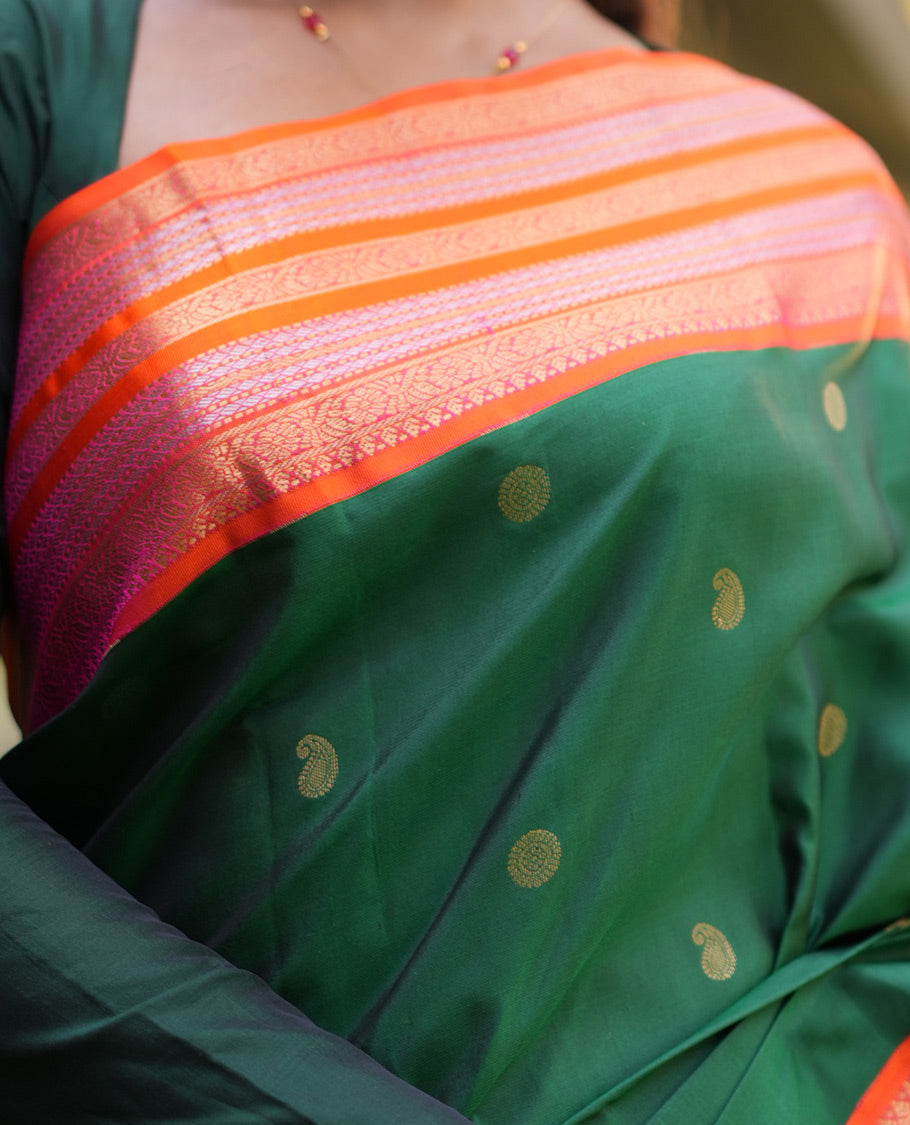 Green Manga-Chakra Buttas Vasundhara Silk Saree, Contrast Traditional Border, and Contrast Blouse