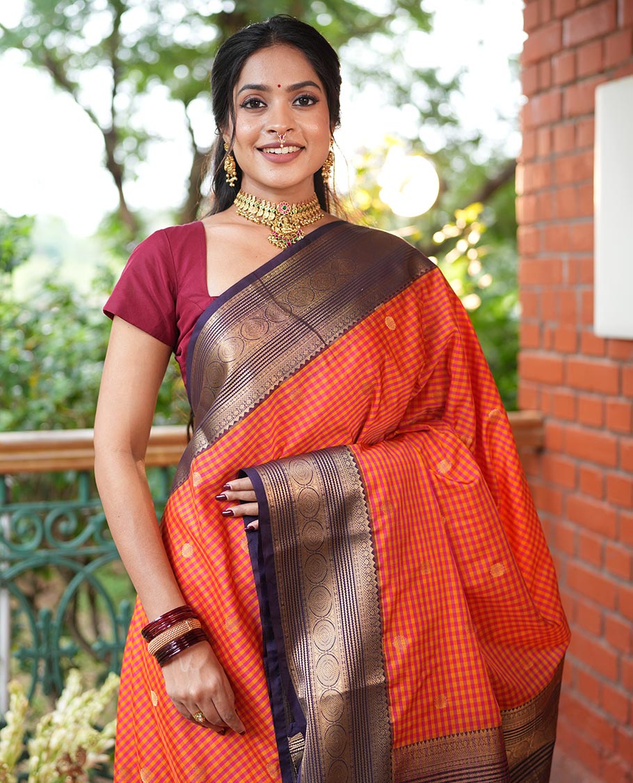Yellow-Pink Micro Checks Budget Silk Saree