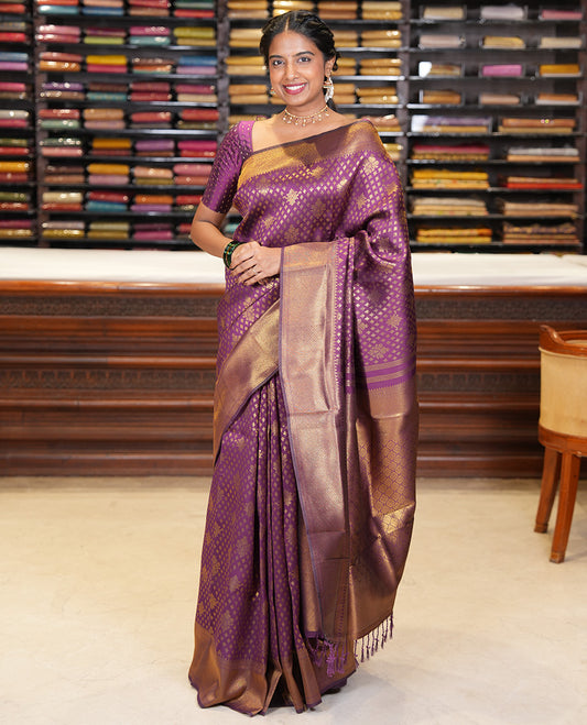 Purple Semi-Silk Saree, Enriched with Jacquard Design, a Traditional Zari Border, Grand Pallu, and a Matching Blouse-Trisha-Inspired