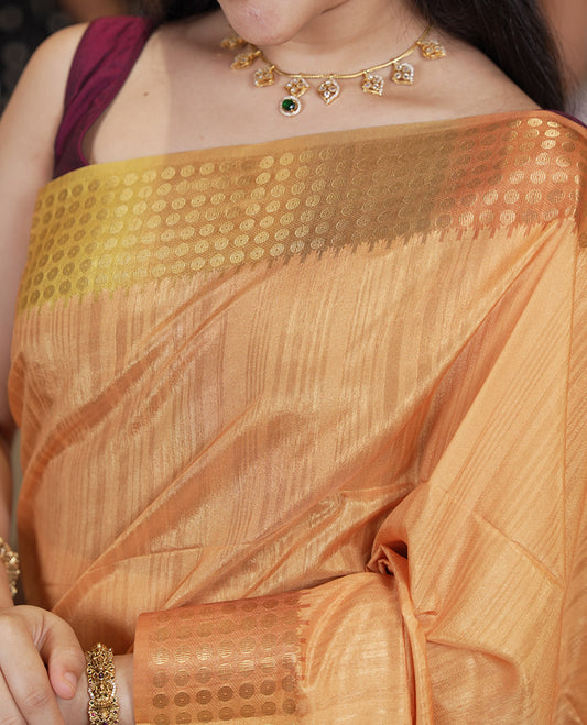 Mustard Plain Matka Silk Fancy Saree , Small Polka Dots Woven Temple contrast Border, Pallu Steeped with Polka Dots, and Paired with a Patola-Style Floral Printed Blouse