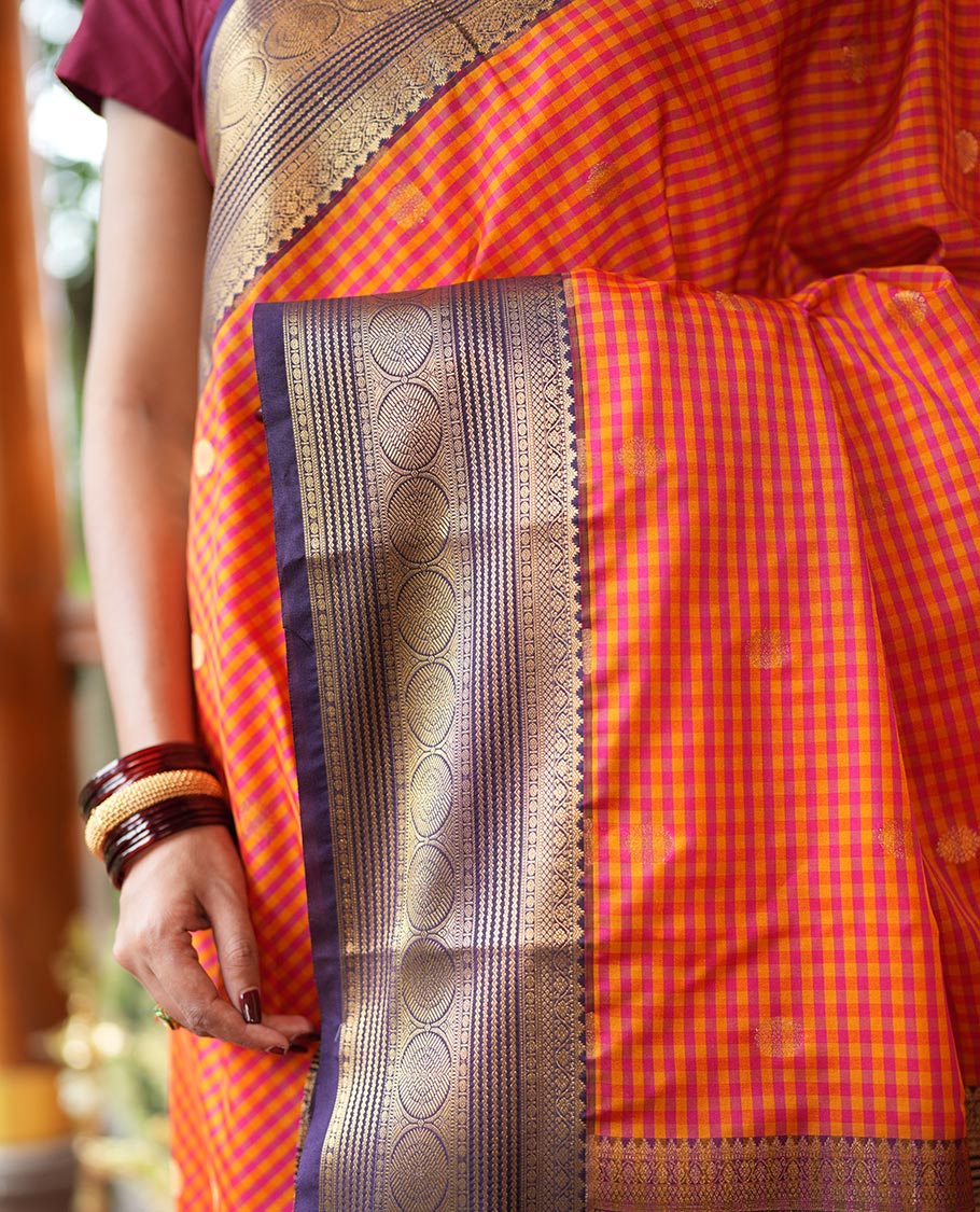Yellow-Pink Micro Checks Budget Silk Saree
