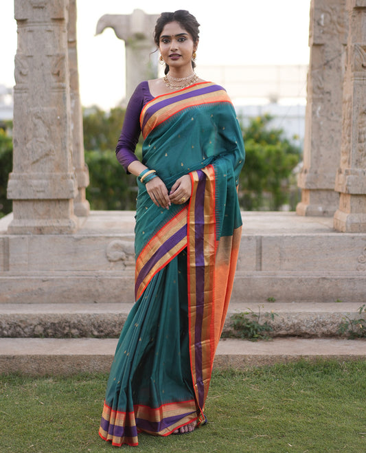 Green Buttas Vasundhara Lite Silk Mix Saree, Contrast Rettai Pettu Border, Jaal Pallu, Contrast Blouse