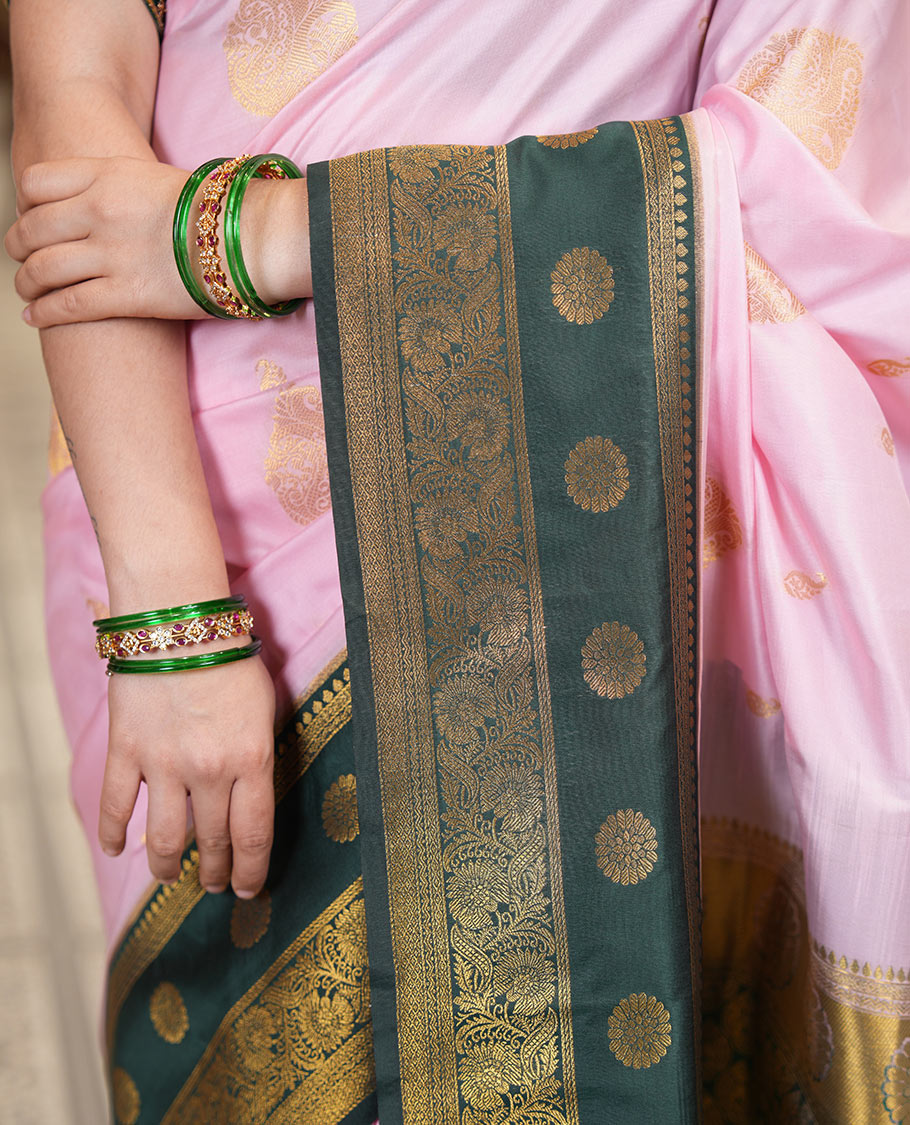 Peach Art Silk Saree, Enriched with Zari Buttas, a Contrast Traditional Zari Border, Grand Pallu and a Contrast Blouse