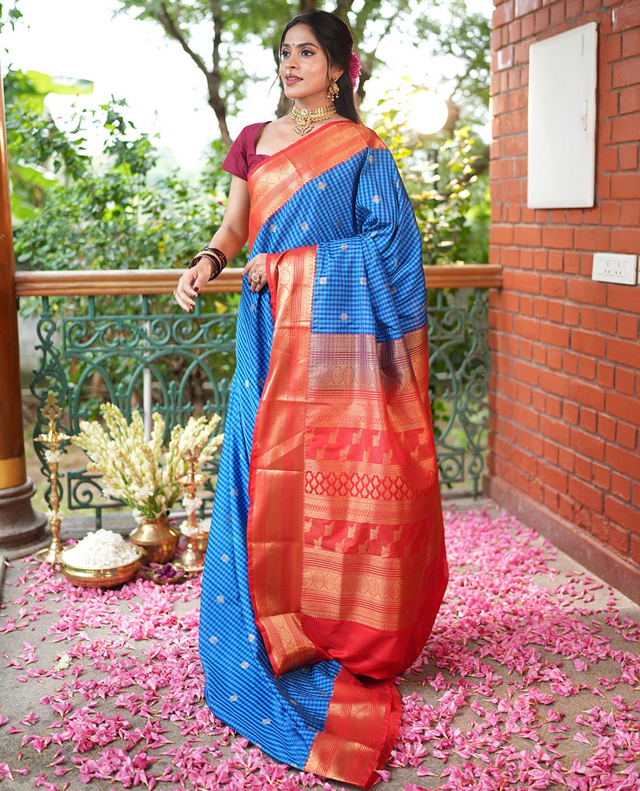 Dark Blue-Light Blue Micro Checks Budget Silk Saree