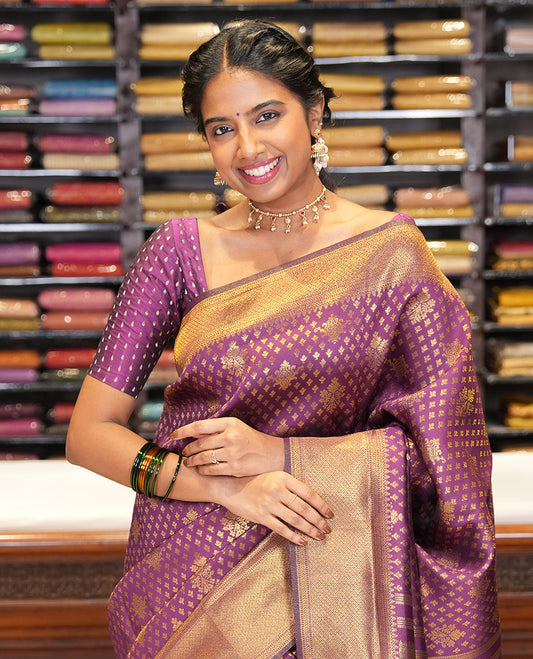 Purple Semi-Silk Saree, Enriched with Jacquard Design, a Traditional Zari Border, Grand Pallu, and a Matching Blouse-Trisha-Inspired