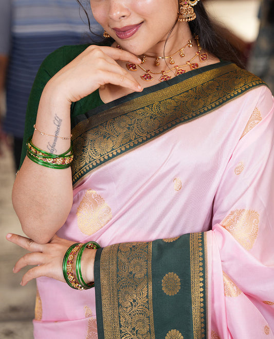 Peach Art Silk Saree, Enriched with Zari Buttas, a Contrast Traditional Zari Border, Grand Pallu and a Contrast Blouse