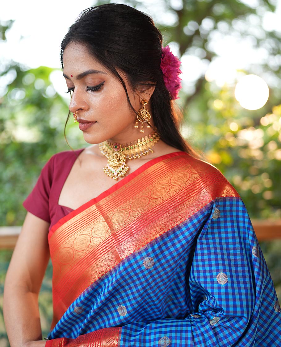 Dark Blue-Light Blue Micro Checks Budget Silk Saree