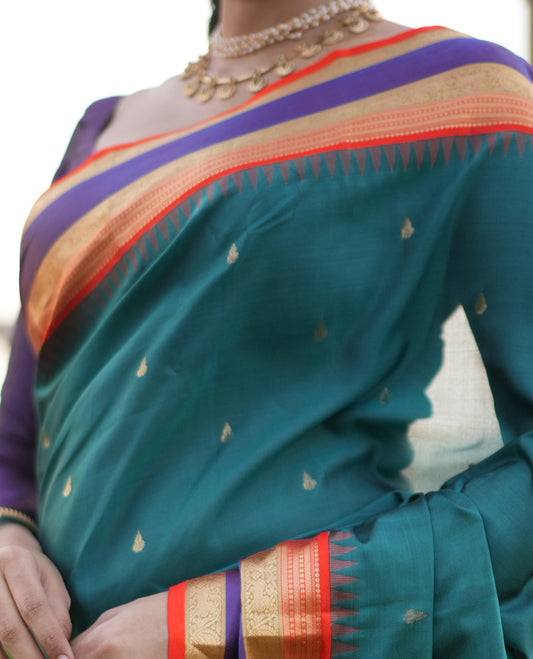 Green Buttas Vasundhara Lite Silk Mix Saree, Contrast Rettai Pettu Border, Jaal Pallu, Contrast Blouse