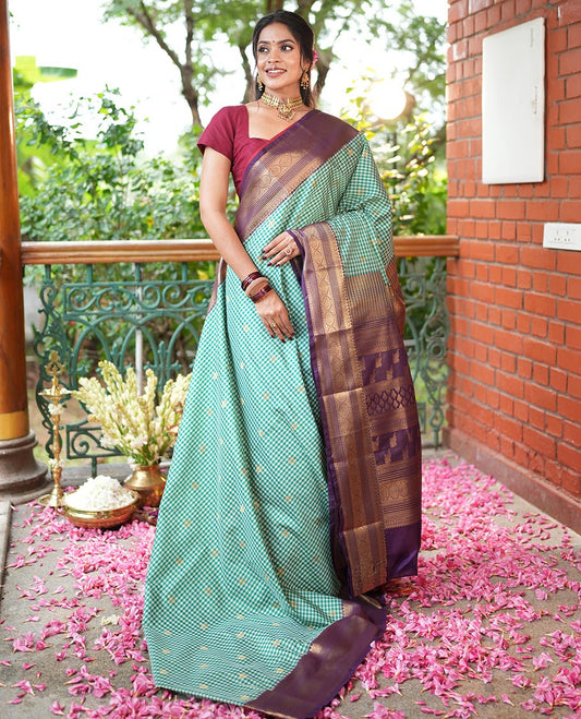 Green-Cream Micro Checks Budget Silk Saree