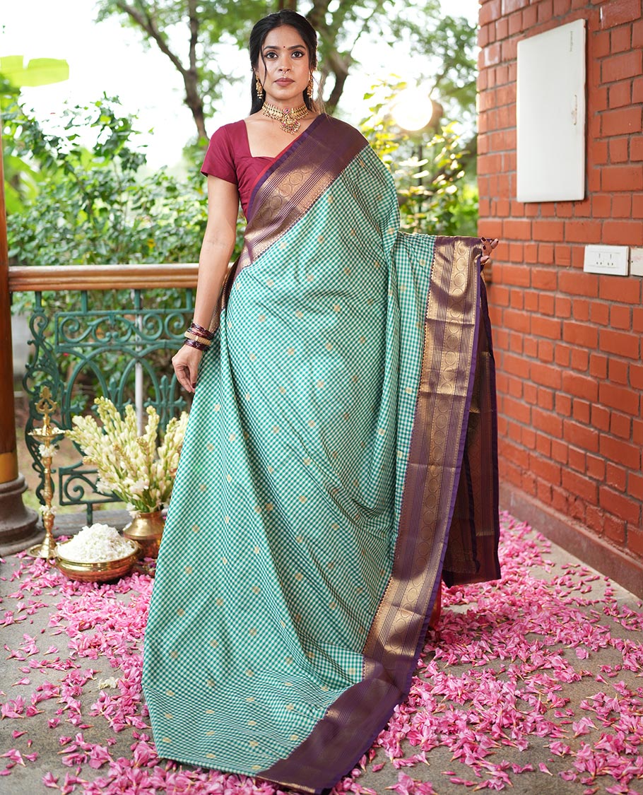 Green-Cream Micro Checks Budget Silk Saree