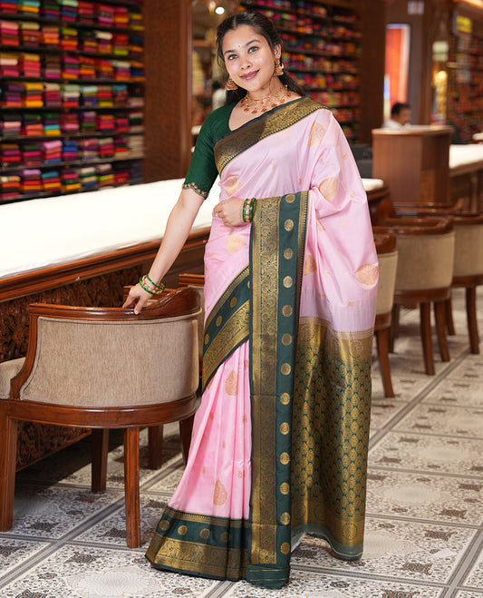 Peach Art Silk Saree, Enriched with Zari Buttas, a Contrast Traditional Zari Border, Grand Pallu and a Contrast Blouse
