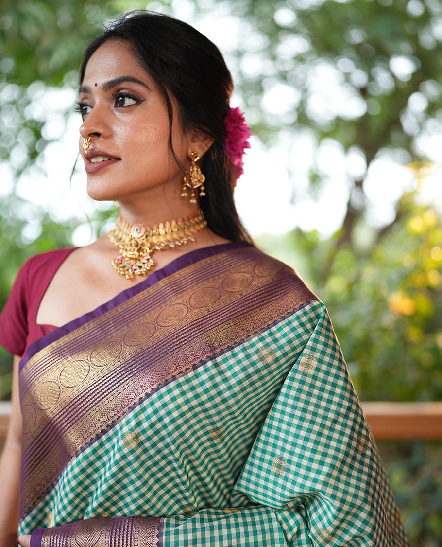 Green-Cream Micro Checks Budget Silk Saree