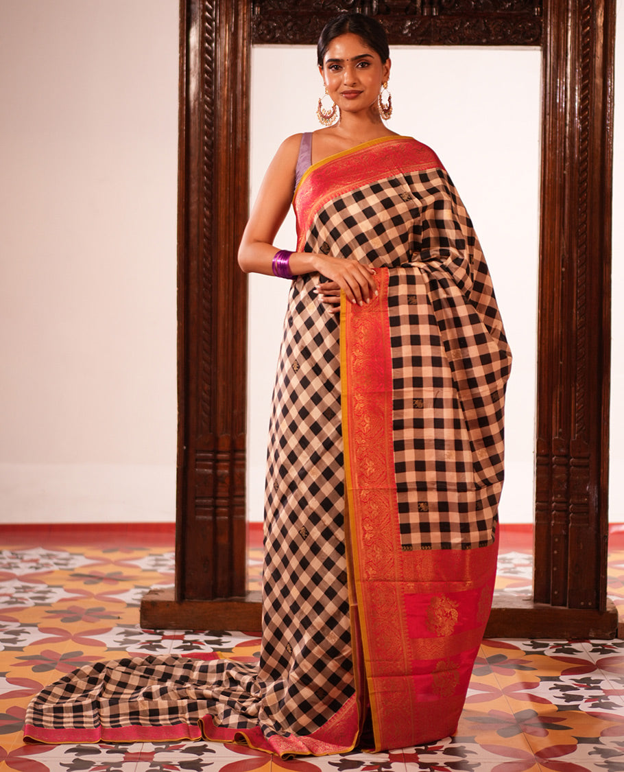 Black Checks Fancy Mysore Silk Saree