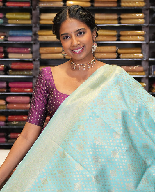 Sky Blue Semi-Silk Saree, Enriched with Jacquard Design, a Traditional Zari Border, Grand Pallu, and a Matching Blouse-Trisha-Inspired