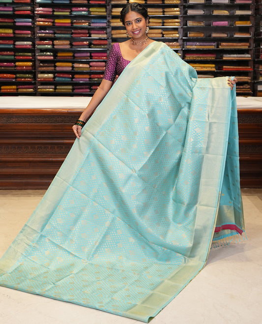 Sky Blue Semi-Silk Saree, Enriched with Jacquard Design, a Traditional Zari Border, Grand Pallu, and a Matching Blouse-Trisha-Inspired