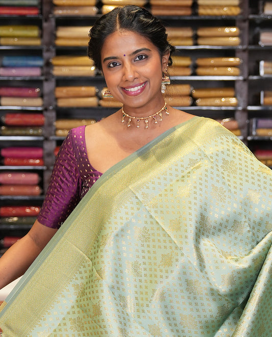 Elachi Green Semi-Silk Saree, Enriched with Jacquard Design, a Traditional Zari Border, Grand Pallu, and a Matching Blouse-Trisha-Inspired