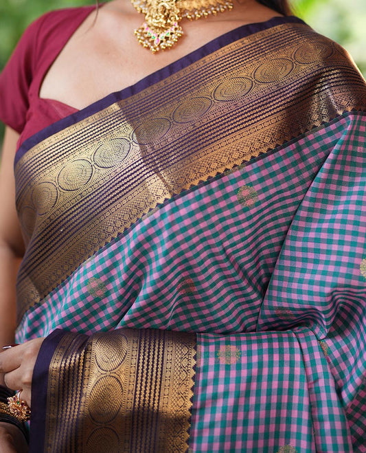 Green-Pink Micro Checks Budget Silk Saree