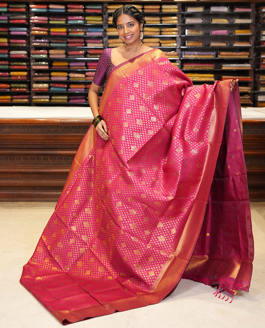 Rani Semi-Silk Saree, Enriched with Jacquard Design, a Traditional Zari Border, Grand Pallu, and a Matching Blouse-Trisha-Inspired