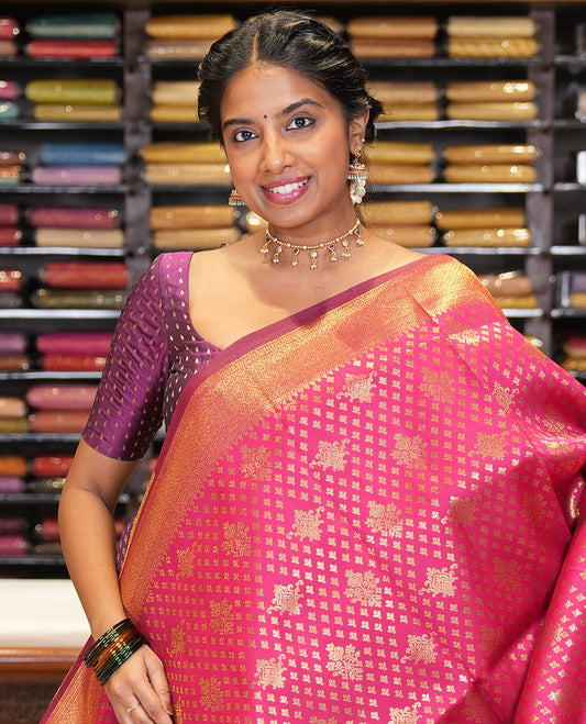 Rani Semi-Silk Saree, Enriched with Jacquard Design, a Traditional Zari Border, Grand Pallu, and a Matching Blouse-Trisha-Inspired