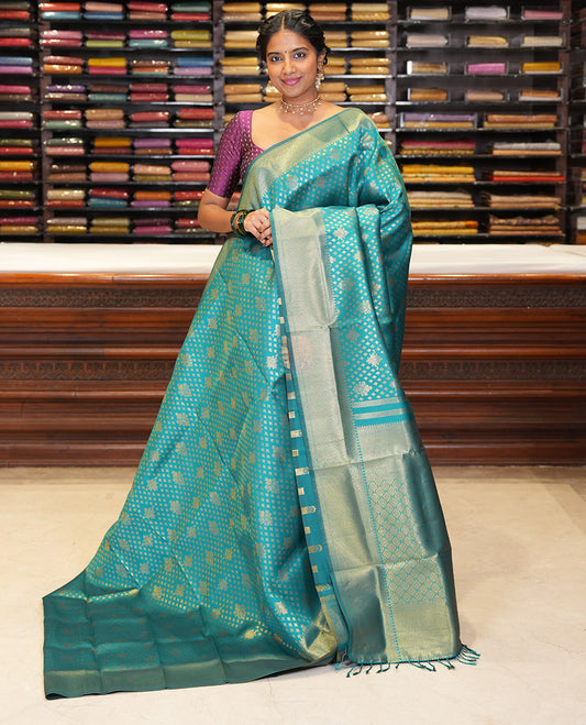 Rama Blue Semi-Silk Saree, Enriched with Jacquard Design, a Traditional Zari Border, Grand Pallu, and a Matching Blouse-Trisha-Inspired