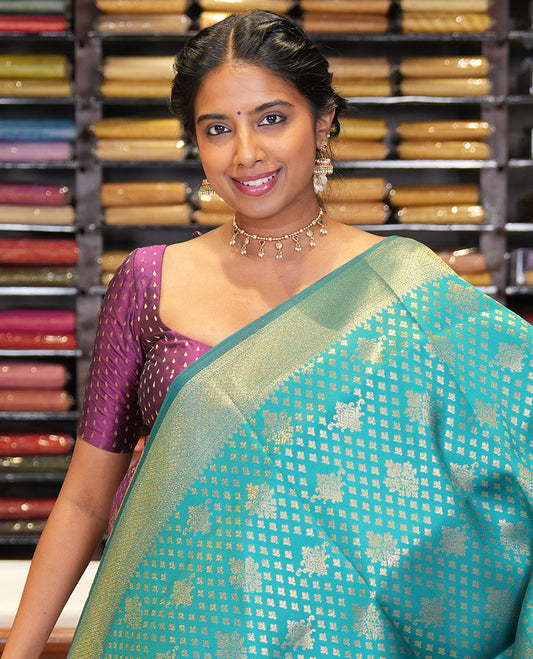 Rama Blue Semi-Silk Saree, Enriched with Jacquard Design, a Traditional Zari Border, Grand Pallu, and a Matching Blouse-Trisha-Inspired