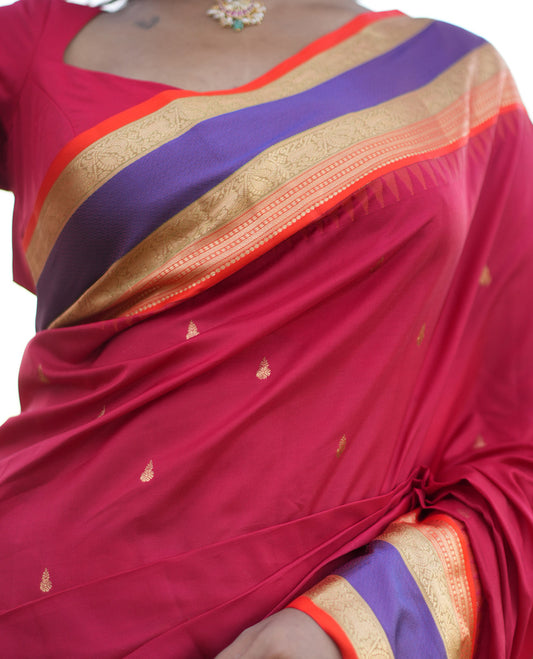 Tomato Red Buttas Vasundhara Lite Silk Mix Saree, Contrast Rettai Pettu Border, Jaal Pallu, Contrast Blouse